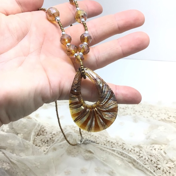 Fashion Boho Brown and Gold Glass Statement Necklace and Dangle Earring Set - Picture 4 of 9